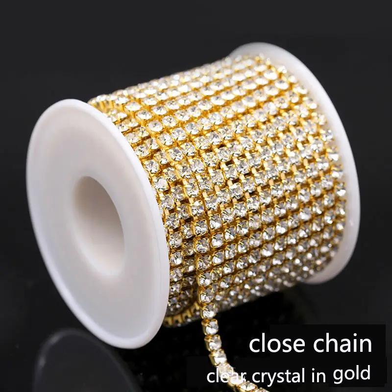 

1/10yd ss6/8/12/14/16/18 Crystal clear glass Rhinestones gold close claw cup Chain necklace trim Brial wedding Dress Craft 1-Row