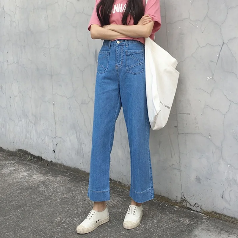 

High Waist Jeans Femme For Women Washed Basic Jeans Woman Vintage Mom Fit Blue Denim Straight Jeans Classic Female Pants