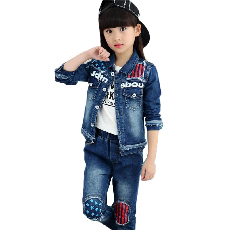 

2016 Girls Fall Clothes Children Striped Star Print Pattern Burrs Jean Suit Outerwear Casual Disfraces Ninos Two-piece Set