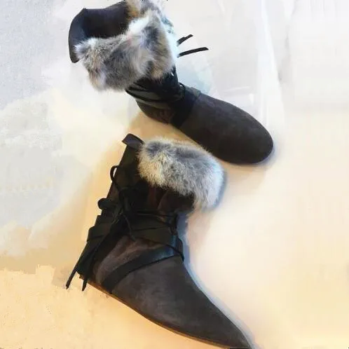 

Trend Snow Boots Fur Winter Warm Lace Up Ankle Boots Flats Suede Shoes Woman Large Size 42 Bootines sapato feminino bota