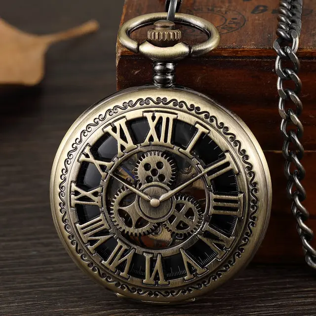 Steampunk Gears Vintage Mechanical Pocket Watch Hollow Roman Numerals