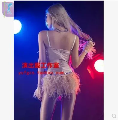 2017DJ горный хрусталь боди страусиное перо танцевальный костюм певица одежда
