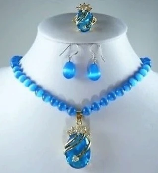 

FREE SHIPPINGNew blue opal necklace crystal pendant earring ring set (A0425)