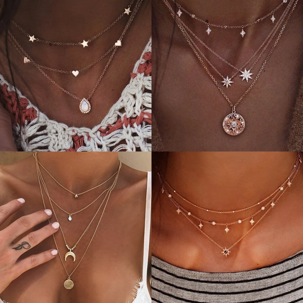 Fashion Boho Multilayer Gold Chain Choker Crystal Pendant Necklace Women Jewelry