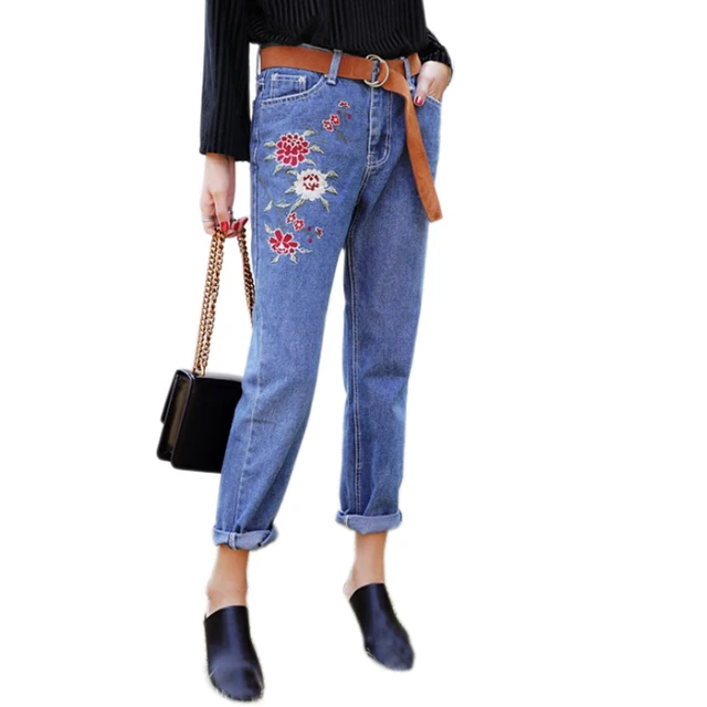 2017 De La Moda Bordado Flores Jeans Para Mujeres De Cintura Alta