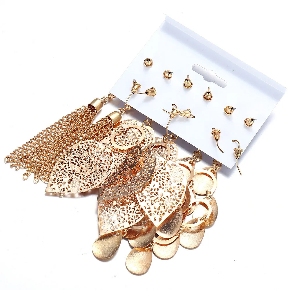 

Zerotime #P8 2019 NEW FASHION Bohemian Long Tassel Gold Leaves Multilayer Sequins Drop Earrings Set Pearl gold top Free Shipping