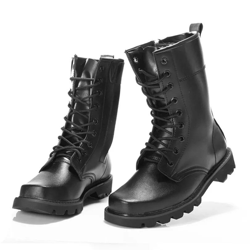 LIN KING Warm Plush Black Men Lace Up Motorcycle Boots Mid Calf Winter Shoes Steel Toe Puncture Proof Safety Man Military Boots