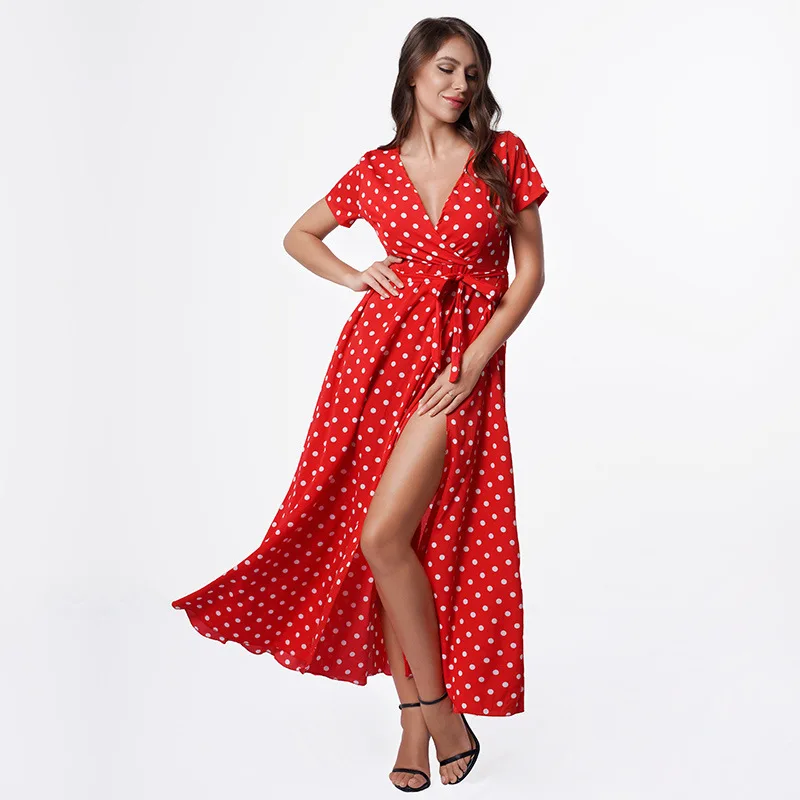 

Sexy Slit Summer Dress 2019 New V-neck Irregular Polka Dot Long Dress Women Sashes Ankle-length Plus Size Bodycon Dress Vestidos