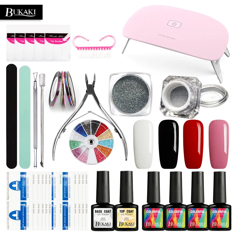 

BUKAKI 32pcs/lot Nail Art Set UV Gel Lamp for Nails Sugar Varnish Hybrid Nail Glitter Powder Top Base Coat Primer Manicure Tools