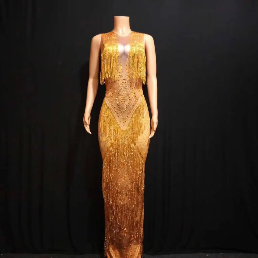 

high elastic Sexy Women O-Neck Tassel Dress costume Elegant Homecoming Evening Party Dress