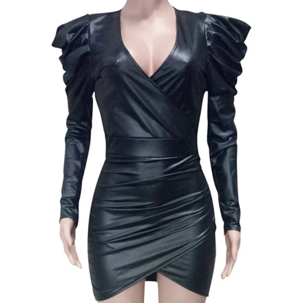Black PU Faux Leather Party Dresses Women Deep V Neck Puff Long Sleeve Wrap Dress Sexy Bow Sash Slim Mini Dress Vestidos Black PU Faux Leather Party Dresses Women Deep V Neck Puff Long Sleeve Wrap Dress Sexy Bow Sash Slim Mini Dress Vestidos