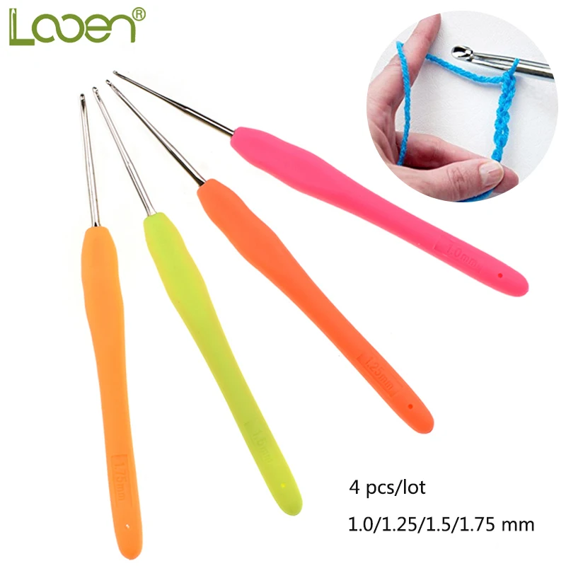 

4pcs Looen 1.0-1.75mm Small Lace Crochet Hooks Set Mix TPR Soft Rubber Handle Knitting Needles Handle Weave Yarn Sewing Tools