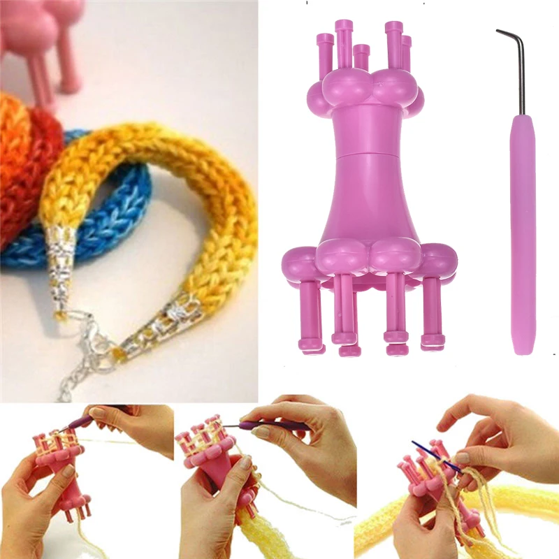 

3pcs Magic Spool Loom Maker Knitting Kit with 1 Large Eye Needle + 1 Crochet Hook + 1 Braided Rope Braid Maker DIY Weaving Tool
