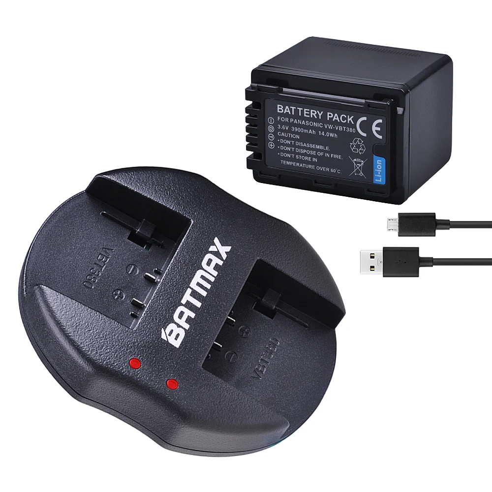 HC-V210 VW-VBT380 Lot de 2 batteries de rechange rechargeables et chargeur double compatible avec HC-V110 etc. HC-V520 HC-W570 VW-BC10E HC-W580 HC-V720 
