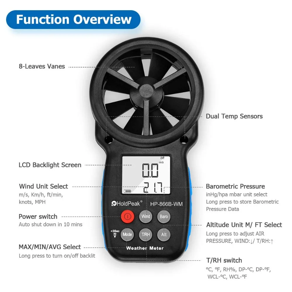 Анемометр HoldPeak HP-866B-WM измеритель скорости ветра цифровой датчик чашка Anemometro 30 м/с ЖК-дисплей ручной инструмент для измерения влажности воздуха