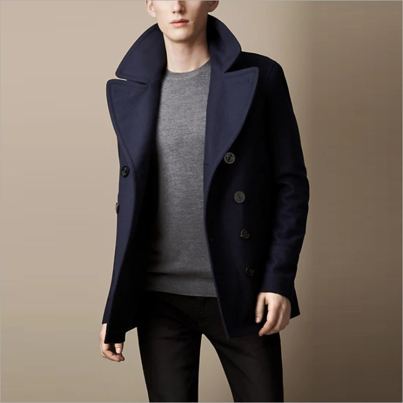 Expensive Luxury Winter Peacoat Men Short Trench Coat Wool Double Breasted Trenchcoat Male Pea Coat Navy Color