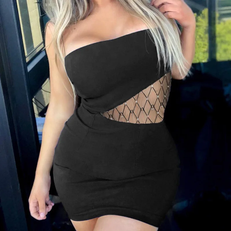 

Sexy Club Party Black Mini Dress Spaghetti Strap Bandage Hollow Mesh Patchwork Summer Dresses Women Elegant Ladies Vestidos