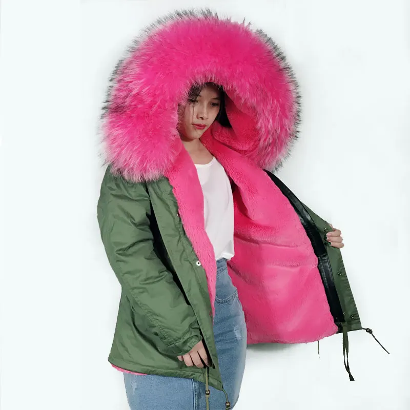 Army Green Women Jacket with Pink artificial Fur inside Big collar Winter Coat Pattern Jacket for womens