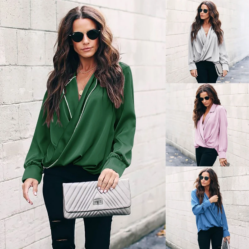 

Women Blouse Autumn Long Sleeve Sexy Cross V Neck Pajamas Blouses Solid Pullover Shirts Office Lady Formal Solid Tops Blouse