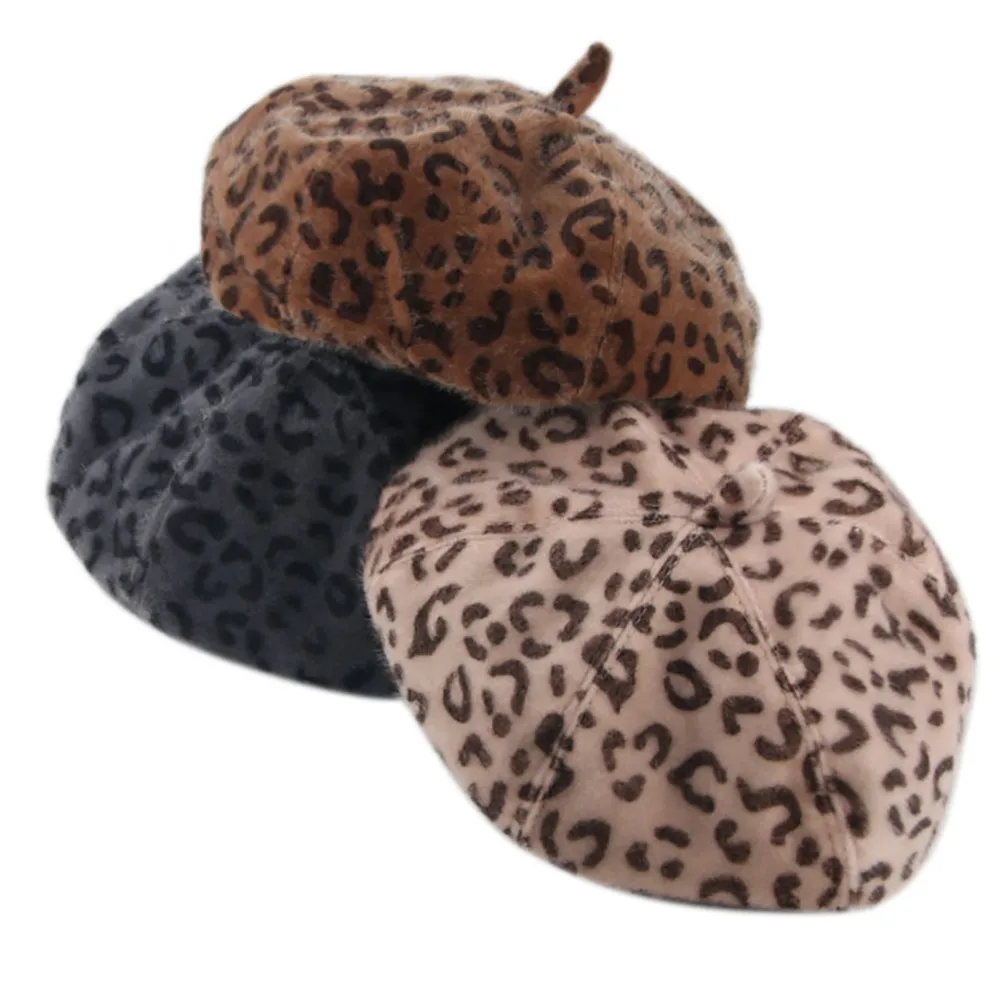 

Feitong Womens Winter Warm Hats Pure Color Leopard Beret French Artist Beanie Hat 2018 Fashion Female Cap Hat
