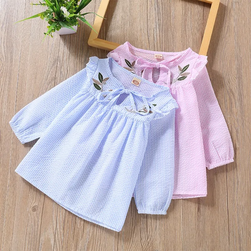 

Spring Autumn New Baby Kids Girls Long Sleeve Cotton T-Shirt Casual Korean Version Fashion Flower Embroidered Striped T-Shirt