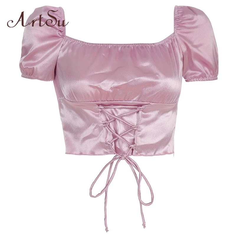 ArtSu, короткий рукав, атласная Винтажная футболка, женская, на шнуровке, с открытой спиной, розовый, укороченный топ, футболка, элегантная, женская, летняя, ASTS20932