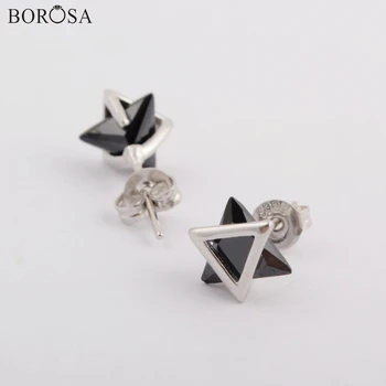 

BOROSA 92.5% Pure Silver Color Triangle Bezel 9x9mm Black Agates Quartz Stud Earrings Jewelry Wholesale for Women WX1158