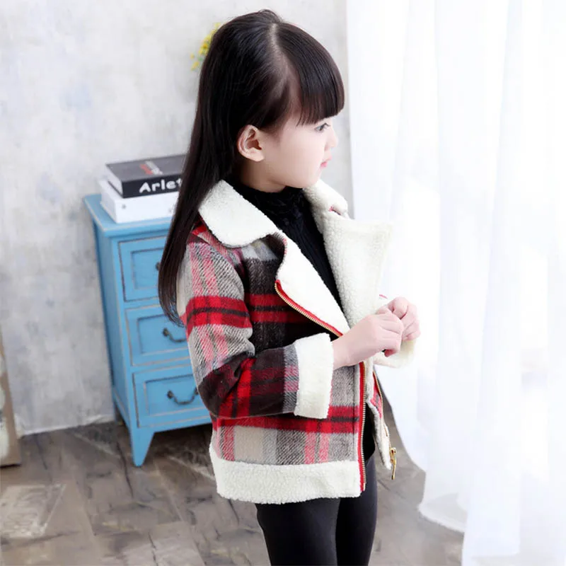 Autumn fall plaid thicken woollen jacket for girls kids zipper casual coat for girl woolen coat for girls (5)