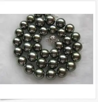 

stunning 11-12mm tahitian round black green pearl necklace 18inch 925s kkk