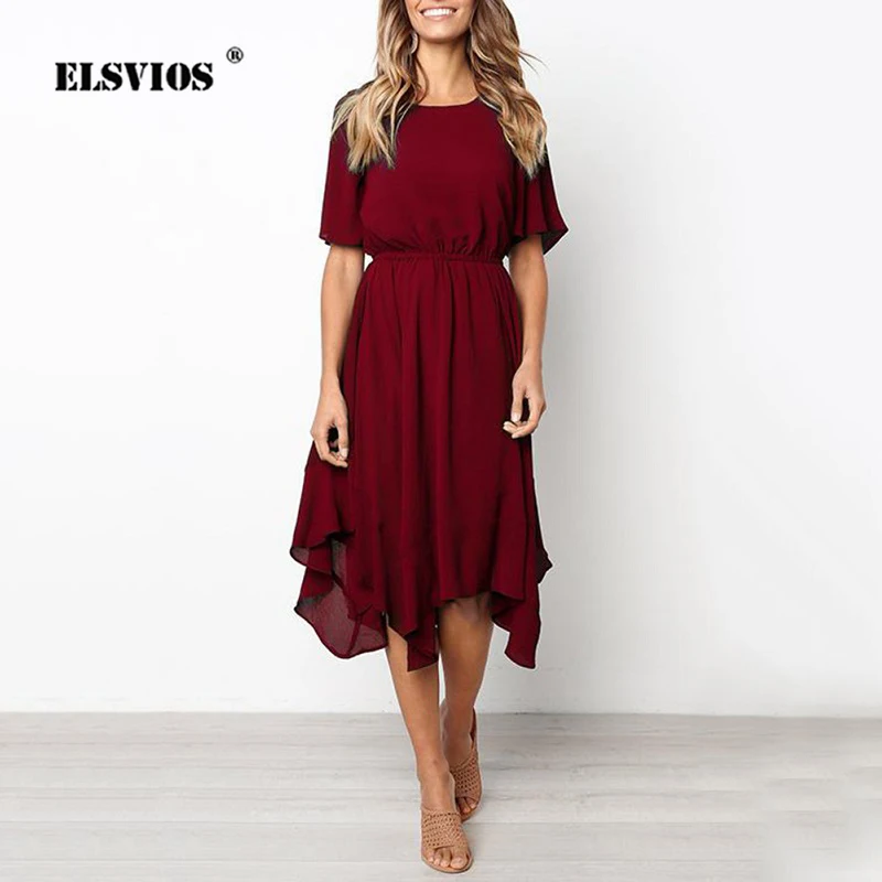 Elsvios spring summer midi swing shirt dress women casual o neck short