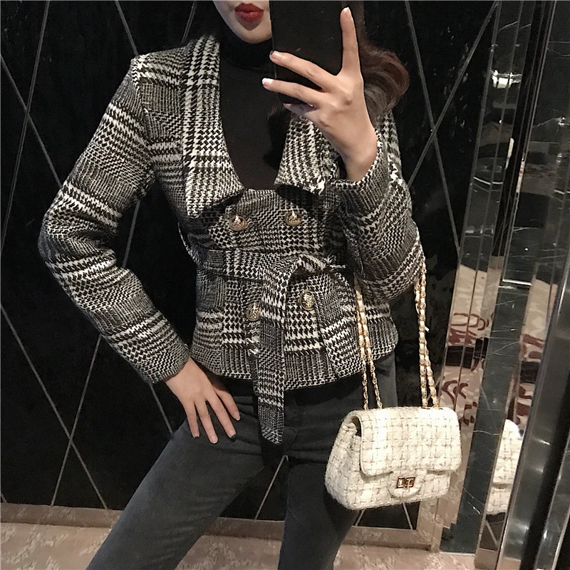 limiguyue vintage women tweed jacket double breasted belt