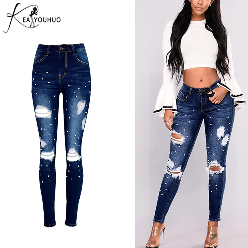 Autumn 2018 Mom Skinny Jeans Woman With High Waist Denim Pencil Pants Ripped Jeans For Women Trousers Female Pearl Jeans 34-46 Autumn 2018 Mom Skinny Jeans Woman With High Waist Denim Pencil Pants Ripped Jeans For Women Trousers Female Pearl Jeans 34-46