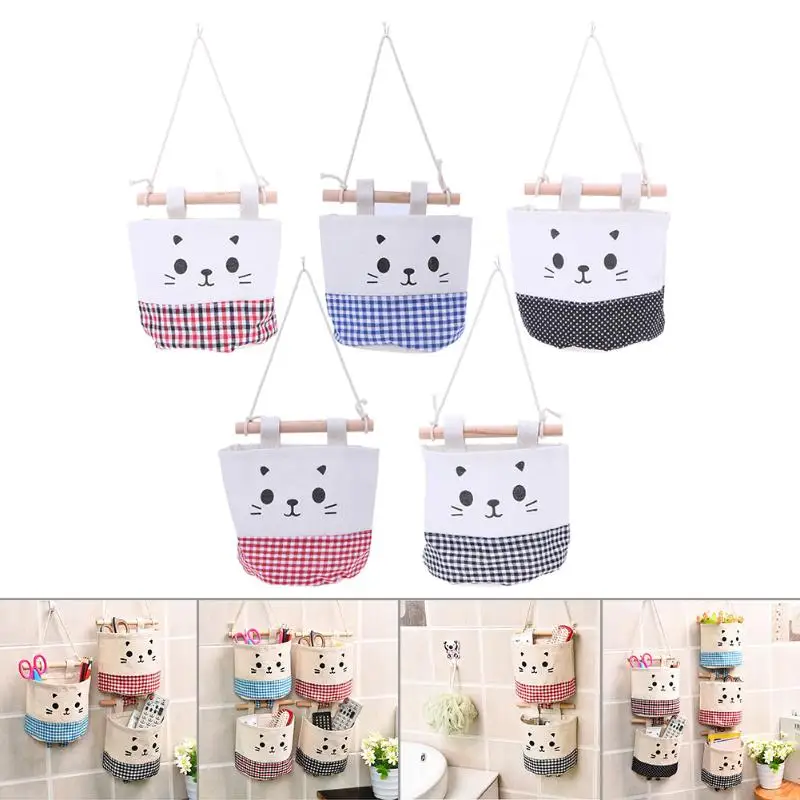 القطن الكتان جدار سلة غسيل معلقة جيب الكرتون القط تخزين أكياس جيوب لمستحضرات التجميل المخازن حاويات أكياس