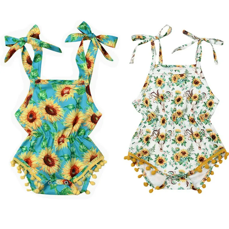 

0-24M Infant Baby Girl Floral Bodysuits Summer Baby Girl Strap Sunsuits Sleeveless Slip Lace-up Sunflower Cotton Bodysuits