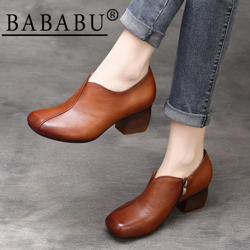 

2019 spring and summer new national style retro leather square head soft bottom with single shoes with soft bottom handmade shoe