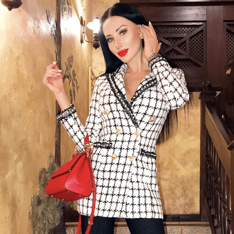 

HIGH STREET Classic Baroque Designer Blazer Women's Double Breasted Lion Buttons Plaid Tweed Blazer Coat