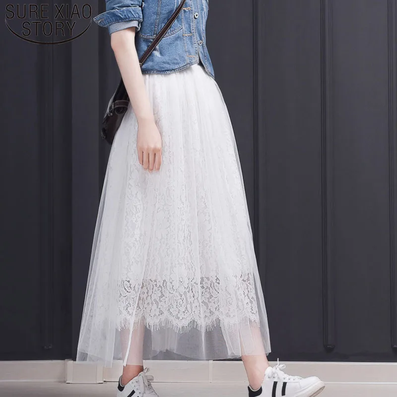 

Korean Cute Women Skirt Elastic High Waist Long Skirt Hemiskirt Spring Summer Mid-long Black WhiteTulle Skirt with Lace 3565 50