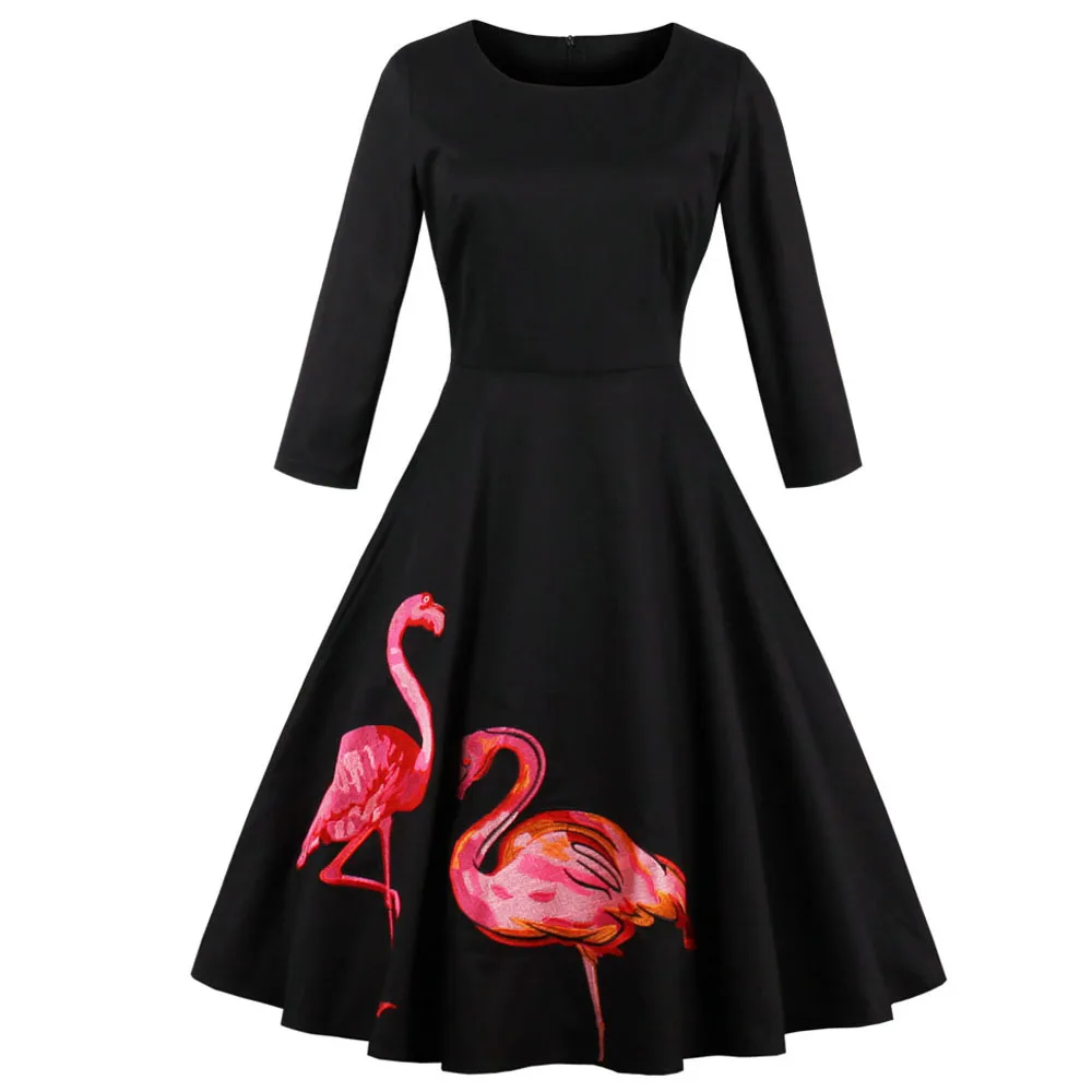 Sovalro Flamingo Print Embroidery Vintage Dress Women Rockabilly Autumn