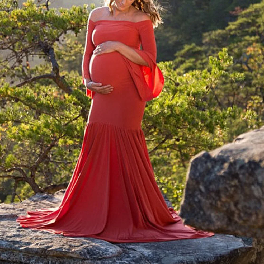 

Women Pregnants Sexy Photography Props Off Shoulders Flare Sleeve Long Dress
