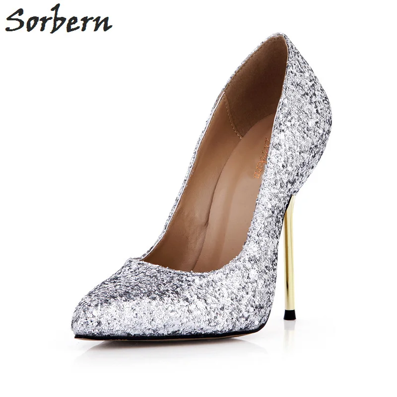 

Sorbern 12 Cm High Heels Silver Glitter Bling Women Pumps Pointed Toe Silver Gold High Heels Shoes Women Ladies Sexy Heels