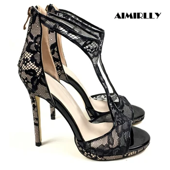 

Aimirlly Women Ladies Shoes Peep Toe High Heels Sandals Black Lace Cover Heel Back Zip Summer Party Dress heels