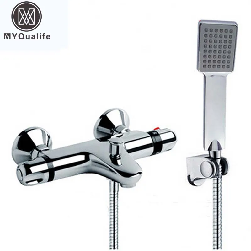 

Promotion Cheap Chrome Shower Mixer Taps Thermostatic Mixer Valve Dual Handle Hand Held Shower Faucet set