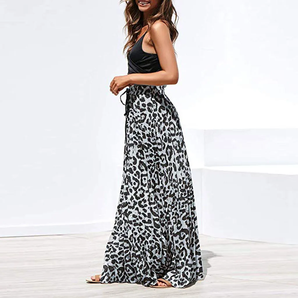 

JAYCOSIN Women's skirt 2019 TOP Womens Leopard Print Long Drawstring Pleated High Waisted Bohemian Maxi Skirt 4.17