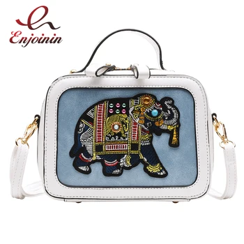 

Embroidered Elephant Pattern Box Style Pu Women Daily Tote Bag Crossbody Messenger Bag Female Bolsa Handbag Shoulder Bag Pouch