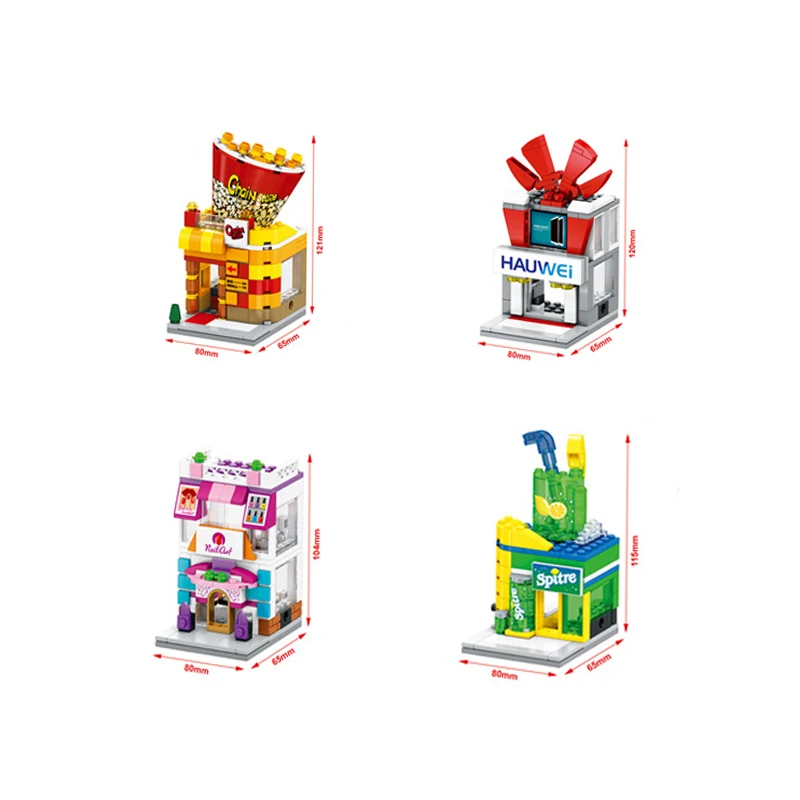 

4pcs Street View Manicure Mobile Sprites Drinks Shop Popcorn Corner Mini Building Block Compatible withlego City Toys