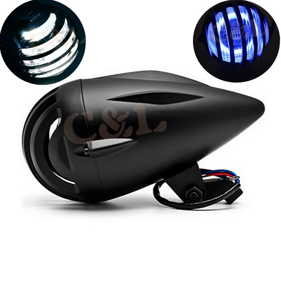 Motorcycle Black LED Bullet Headlight + Blue Angel Eyes For Honda