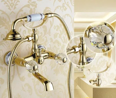 

Luxury Crystal Handwheel Gold Bathroom Bathtub Shower Faucet Set Diverter Spray Mixer Tap Wall Mounted Brass Valve Accessories
