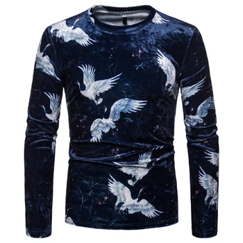 

Envmenst Fashion new men's Tshirt gold velvet O neck long sleeve casual T-shirt white crane print Slim T shirt