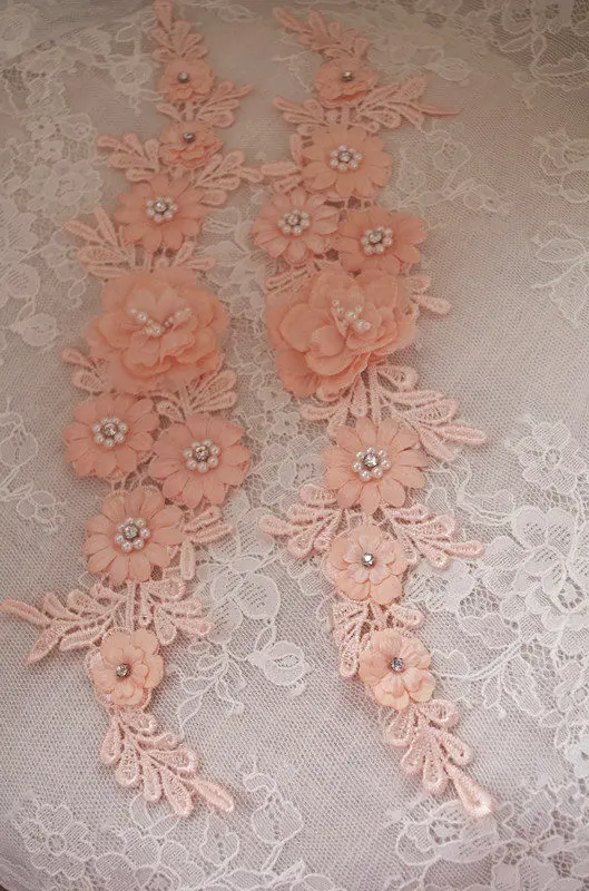 2pcs peach pink lace applique, 3D heavy bead lace applique with rosette