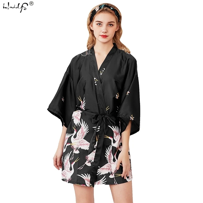 Satin Pajamas Wedding Robe Crane Print Robe Women Nightdress V Neck Ladies Sleepwear Nightgowns Womens Sleep& Lounge Bathrobe